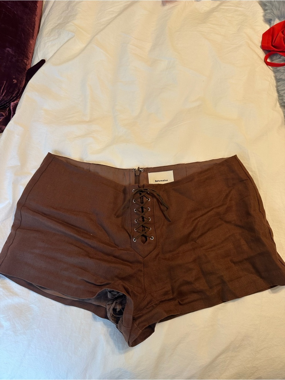 Reformation Brown Lace-Up High-Waist Shorts